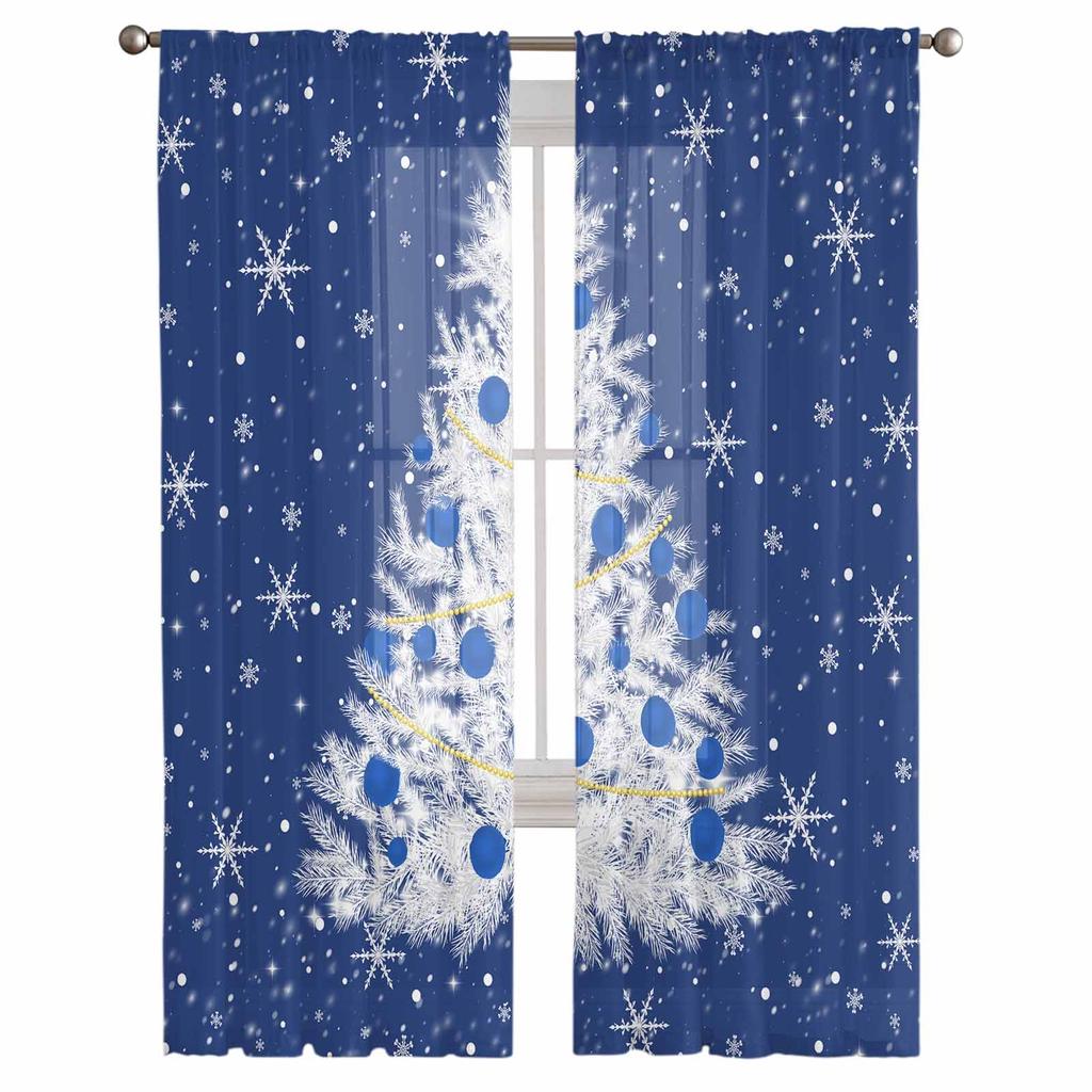 Christmas Winter Blue Trees Snowflakes Sheer Curtains Modern Gauze Curtain for Living Room Bedroom Voile Yarn Curtains