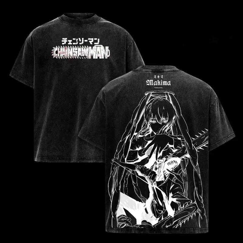 Chainsaw Man Makima Printed Tee Men Women Retro Washed T-shirts Oversized Cotton T Shirt Short Sleeve Clothing Harajuku Tshirt