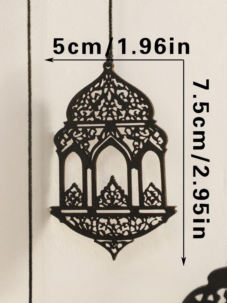 Wanddeko aus Holz - Schwarzer hölzerner Halbmond mit Sternausschnitten, Hängelaternen für Ramadan Eid, Islamisches Fest Heimdeko