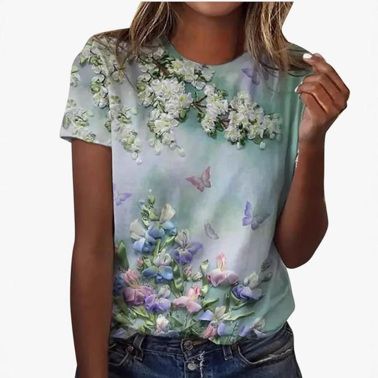 Summer Women's 3D Printed Fresh Butterfly Casual Loose Round Neck Short Sleeved T-shirt