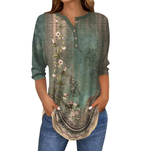 Womens 3/4 Length Sleeve Spring Summer Tops Casual Large Size Retro Floral 3D  Print Shirt Trendy Loose Women Clothing Blouse