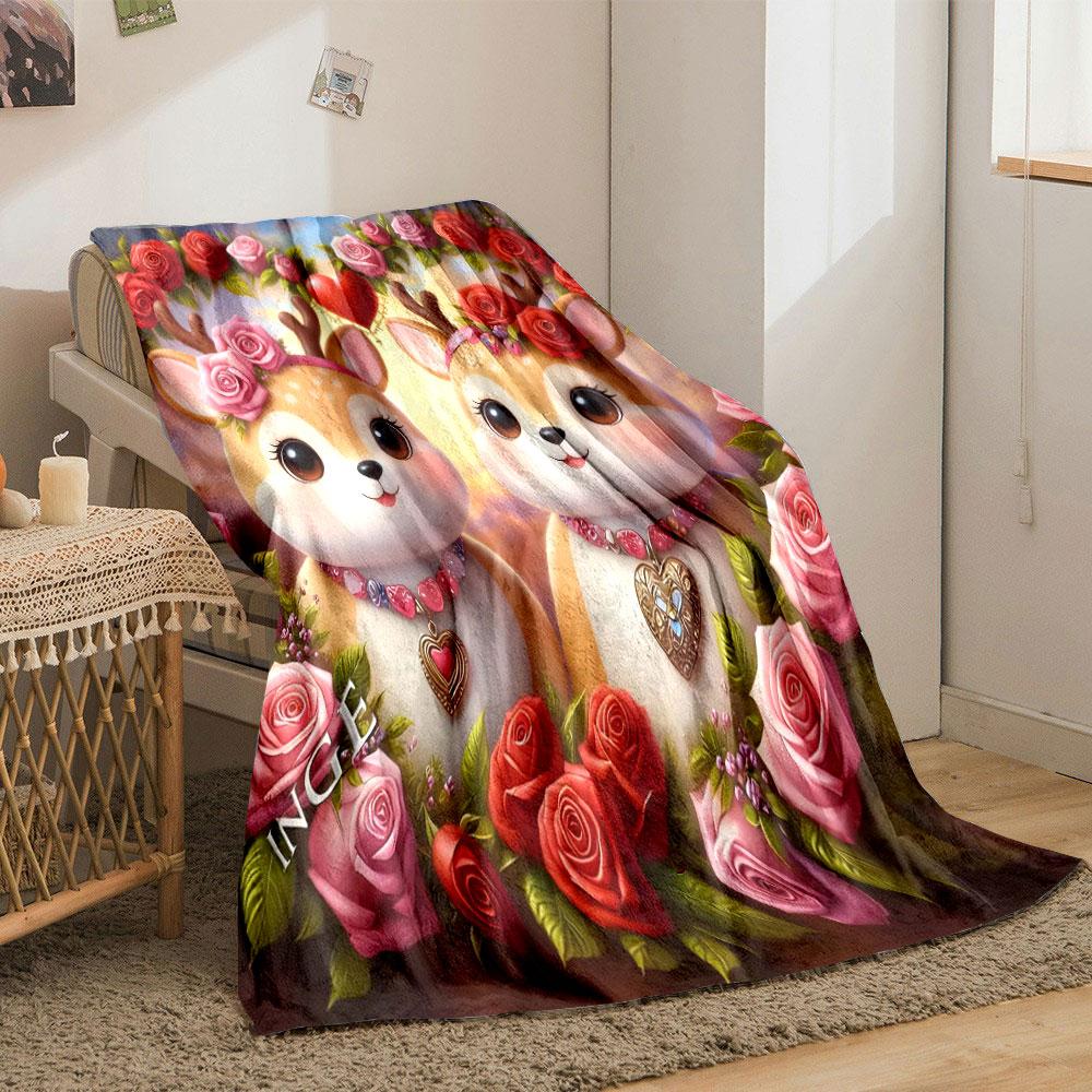 

Animals in A Rose Wreath Print Blanket, All-Season Multi-Use for Nap Camping Travel Car Sofa Luxury Gifts Machine Washable 75x90cm