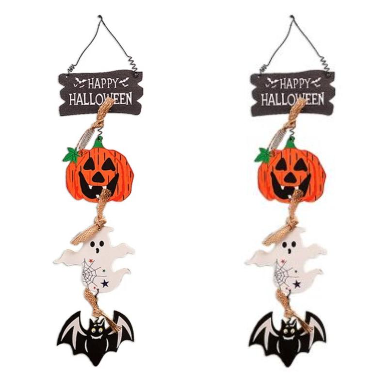 New Wooden Halloween Door Sign Pumpkin Ghost Bat Happy Halloween Doorplate Trick Or Treat Horror Props Door Hanging Decorations