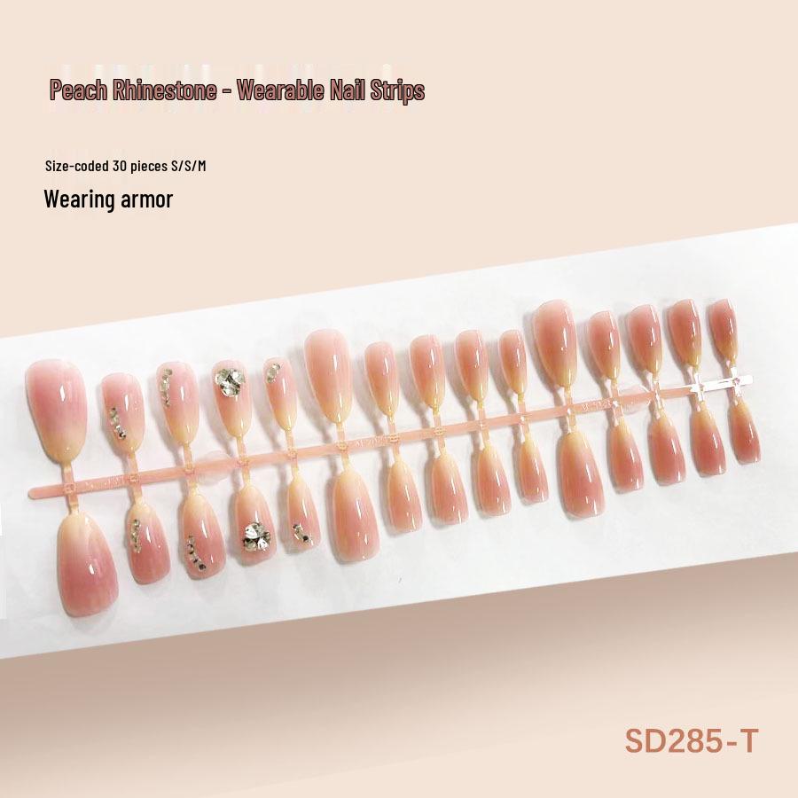 Peach Rhinestone Diamond Texture Nail Tips - Wearable, High-Quality Design
