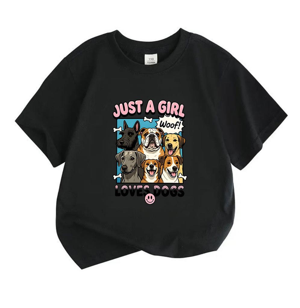 Kids Boys Girls 100% Cotton Crew Neck Short Sleeve T-Shirt, Just A Girl Loves Dogs Print Casual Cute Puppy Animal Pattern Comfortable Breathable Summe