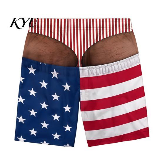 Mens Funny Beach Shorts Men Hairy Butt Shorts, Big Booty Leopard Novelty Illusion Printed Swimwear Print Briefs Design, USA Flag Swim Trunks