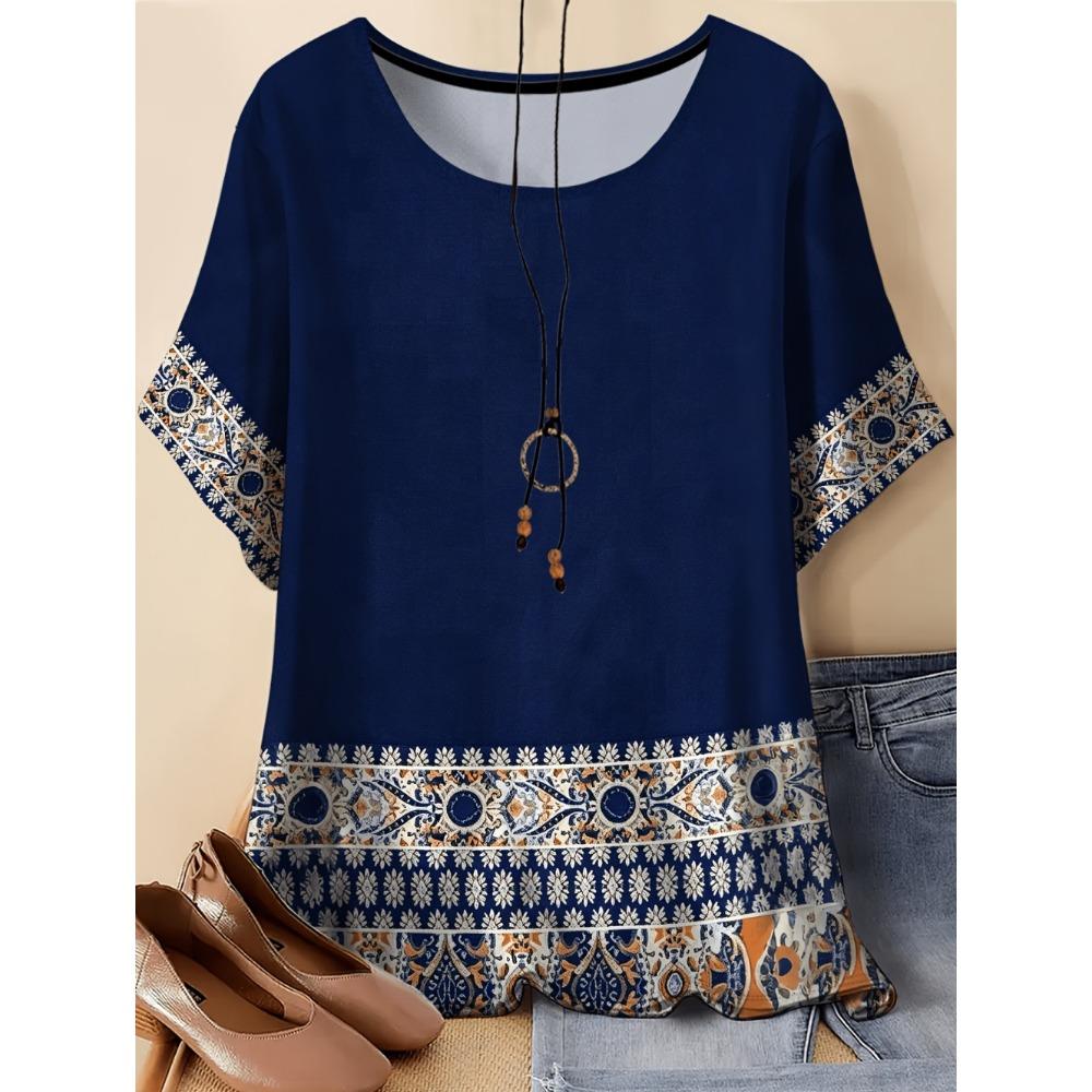 Vintage Paisley Graphics Women's Short Sleeve T-Shirt Ethnic Style O-Neck 3D Printed Top Tees Summer Loose Women's Clothing