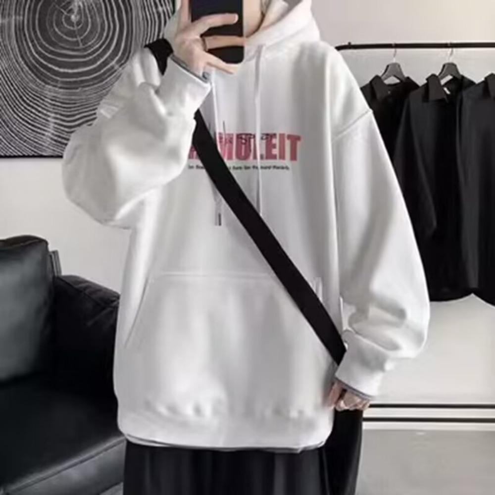 Hong Kong Style Hooded Sweater Men's and Women's Autumn and Winter Trendy Brand Letter Printing Fake Two-piece Velvet Loose Casual Versatile Hoodie