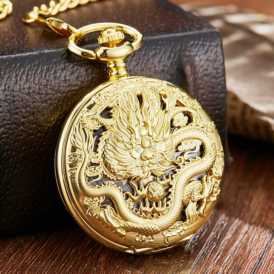 Luxury Golden Dragon Mechanical Fob Clock Phoenix Hollow Sculpture Mechanical Skeleton Pocket Watches Men Chain Wedding Gifts