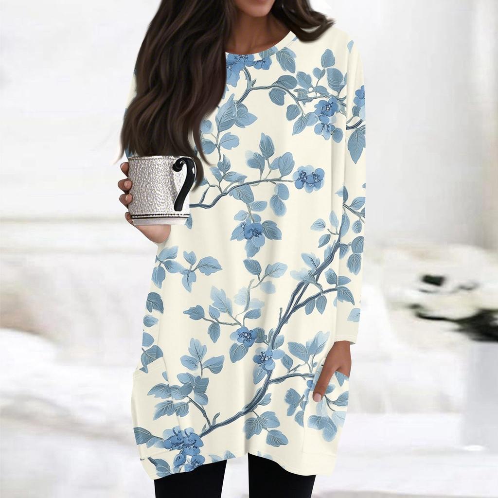 Womens Tops Round Neck  Long Sleeve Blouses Casual Mid-length Shirts Fashion Print Tunic Tops With Pockets