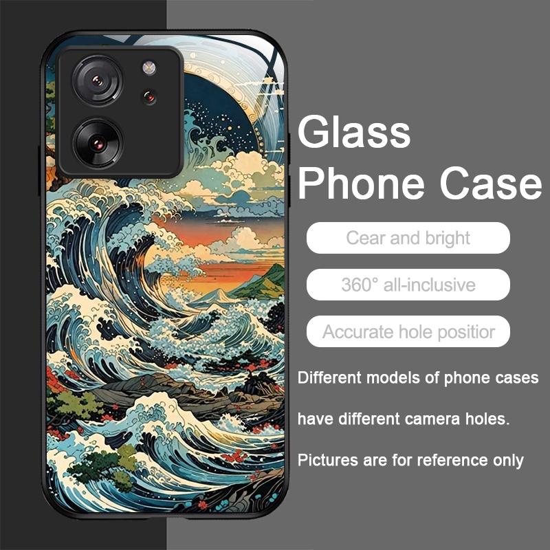 Tempered Glass Phone Case for Motorola Moto G85 G84 G75 G55 Edge 50 Fusion 40 Neo 30 Pro Japanese Ancient Structure Waves Cover