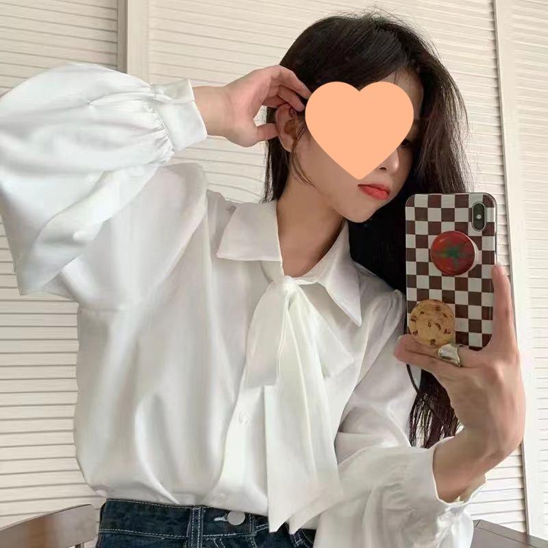 Elegant White Long-Sleeve Bow Tie Shirt for Women: French Loose Design, Suitable for Spring and Autumn