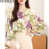 MODIQUE Spring Summer Plus Size Women Casual Loose Elegant Cotton Floral Print Puff Sleeve Blouse Shirts Lady Oversize O-Neck Long Sleeve Pullover
