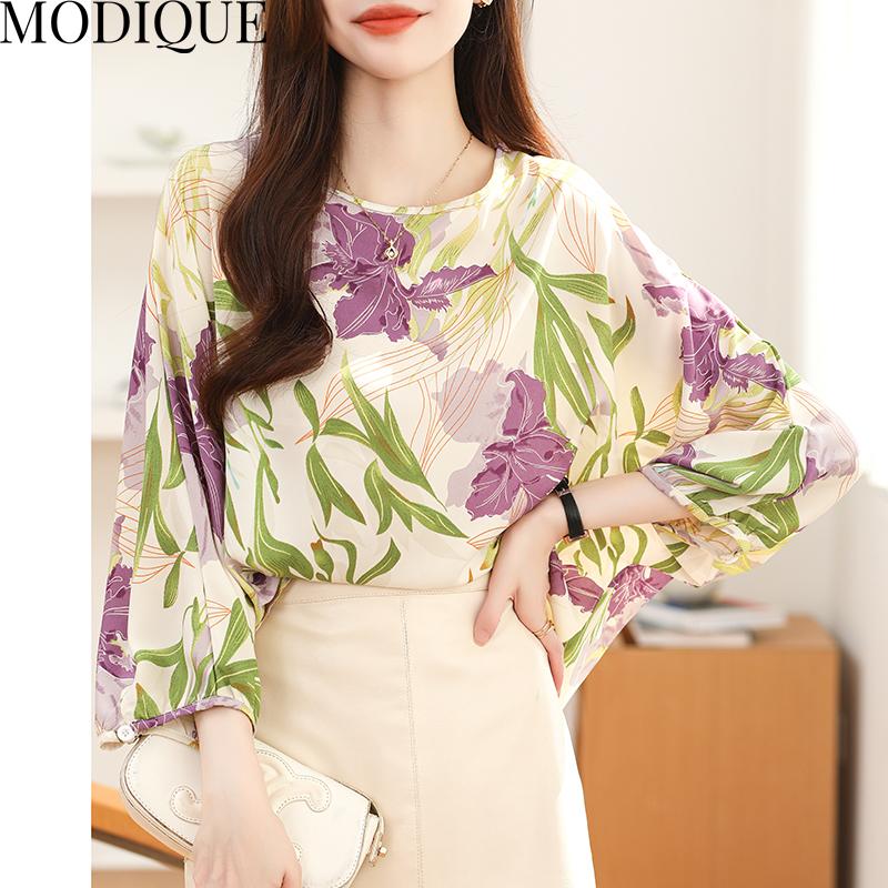 MODIQUE Spring Summer Plus Size Women Casual Loose Elegant Cotton Floral Print Puff Sleeve Blouse Shirts Lady Oversize O-Neck Long Sleeve Pullover