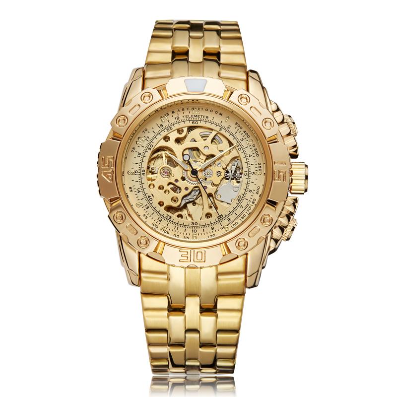 Luxury Silver Gold Automatic Mechanical Watch For Men Full Steel Skeleton Wristwatch Clock Over-sized Big Dial Relogio Masculino