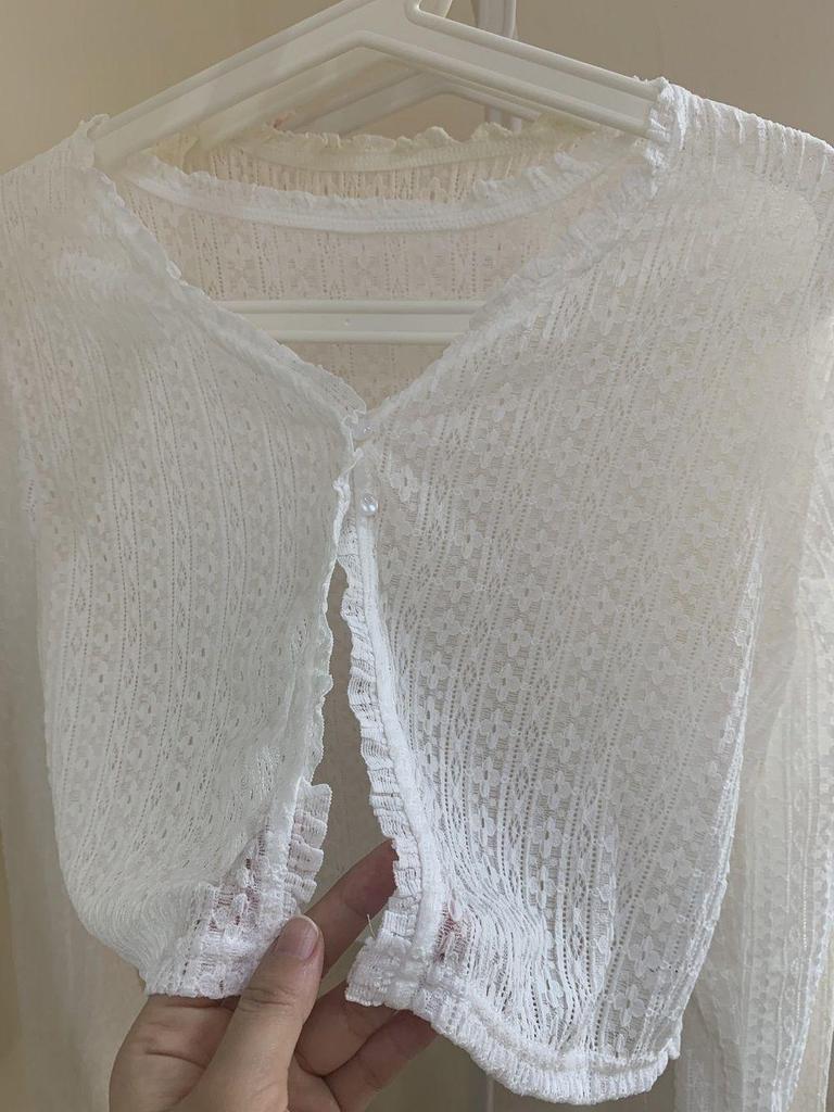 Women's Summer Lace-Trim V-Neck Ice Silk Cardigan - Airy, Loose, Long Sleeve Sun Protection Top