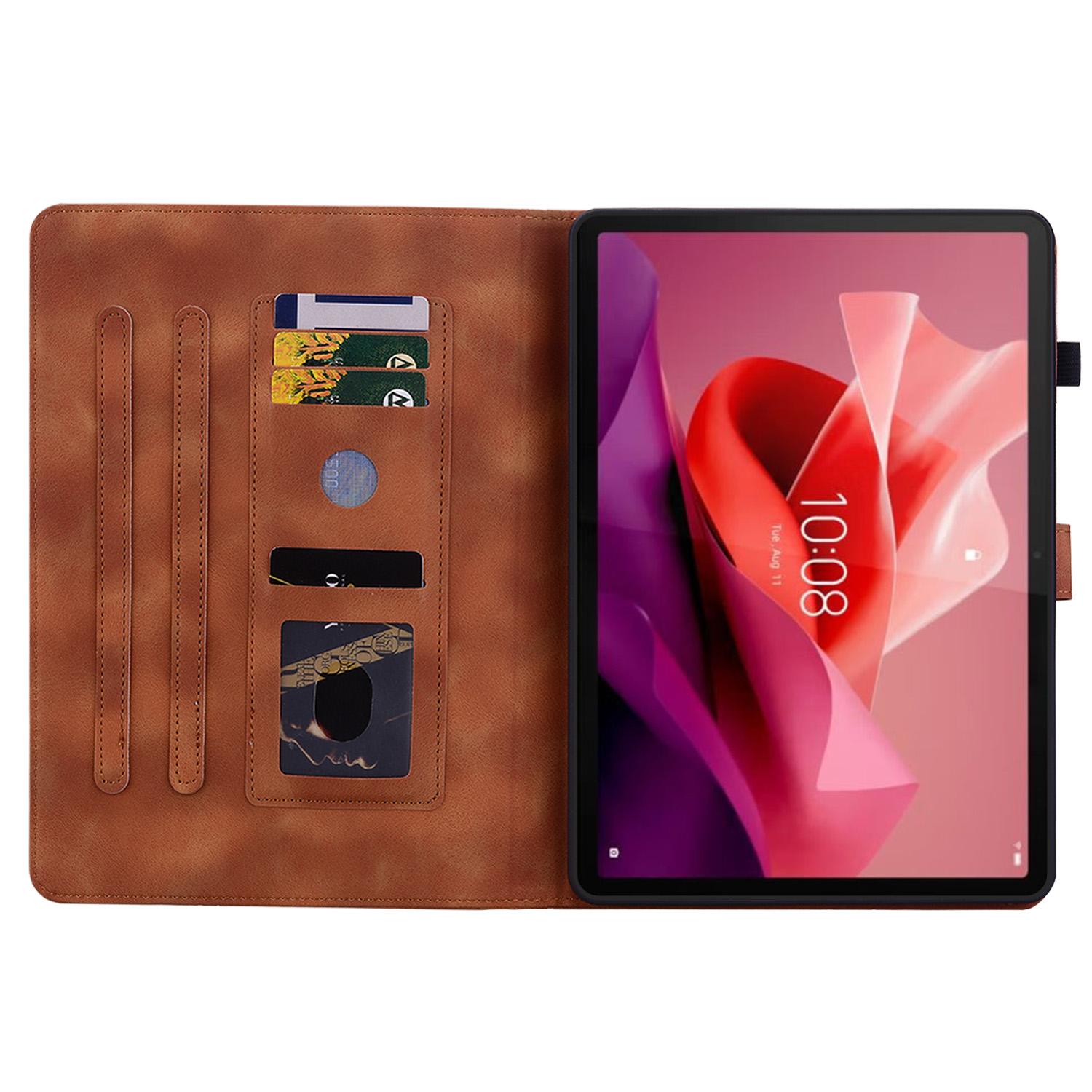 

For Lenovo Tab P12 Case Lily Flower Leather Tablet Cover with Card Slots Stand Brown