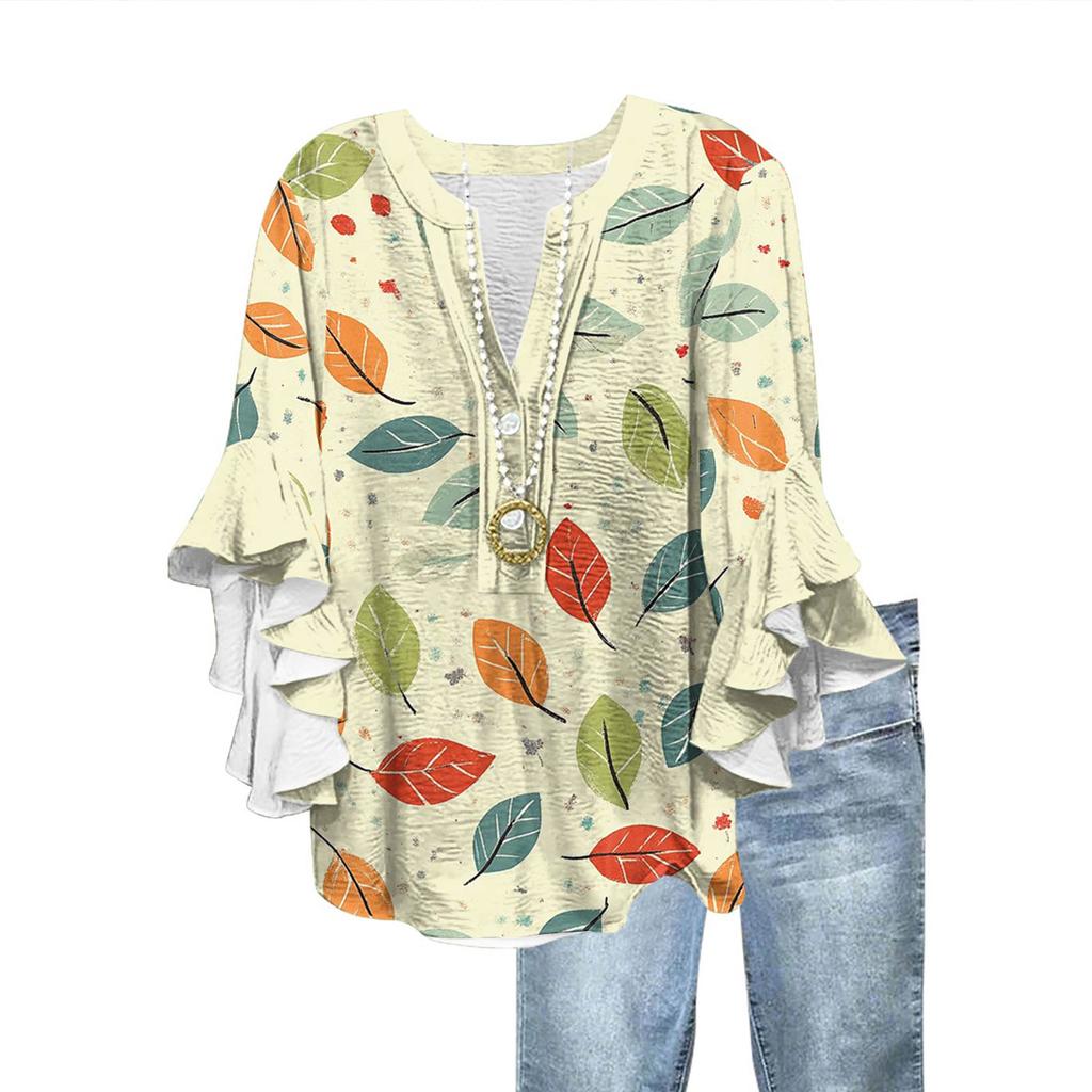 Women's Fashion Casual Button V-Neck Seven Sleeve Vintage Printed Shirt Top