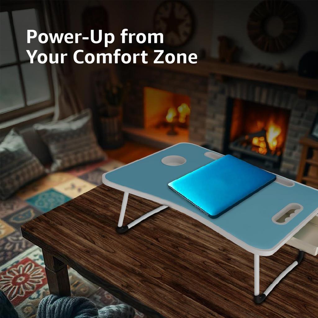 Engineered Wood Foldable Laptop Table with Cup Holder, Tablet Groove and Mini Drawer (60L X 40W X 26H Cm, Blue)