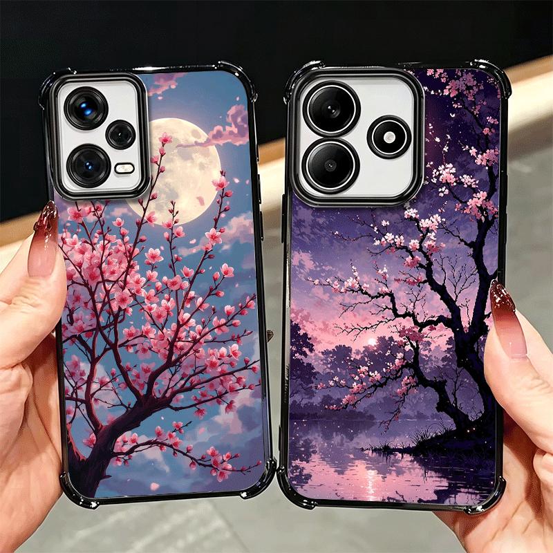 Dreamy Night Cherry Blossom Tree Plating Phone Case For Xiaomi Redmi Note 14 15 Pro Plus 13 12 11 11S 11T 10 9S 9 5G Anti-Fall A