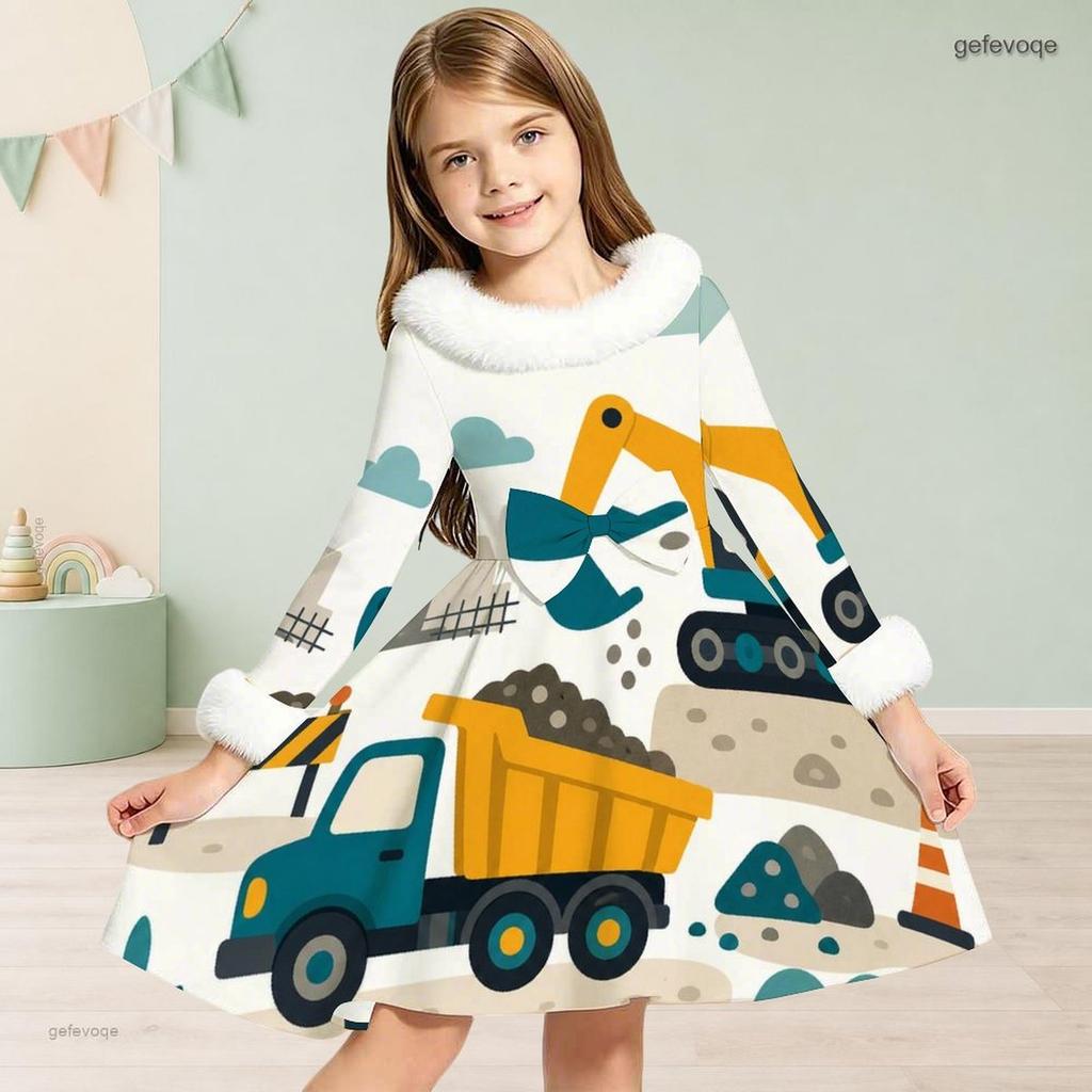 Little Girls White High Neck Fuzzy Trim Long Sleeve Tie Waist Motorcycle Printed A Line Flared Dress