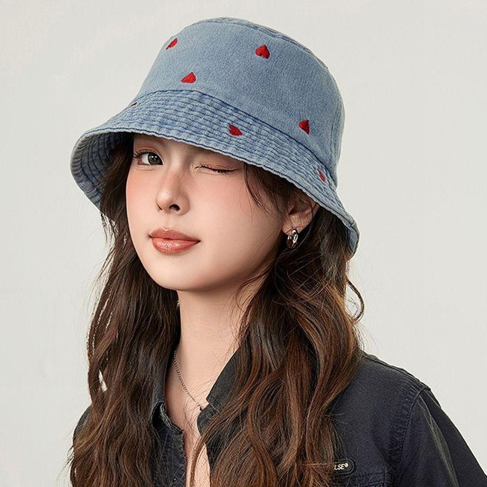 Love Heart Embroidery Denim Fisherman Hat Versatile Sun Protection Hat Fashion Bucket Hat Women