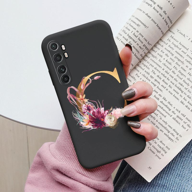 Letter Case For Xiaomi Mi Note 10 Lite Back Cover Retro Flowers Pink Black Soft TPU Initial Fundas For Xiaomi Note10 Lite Coque