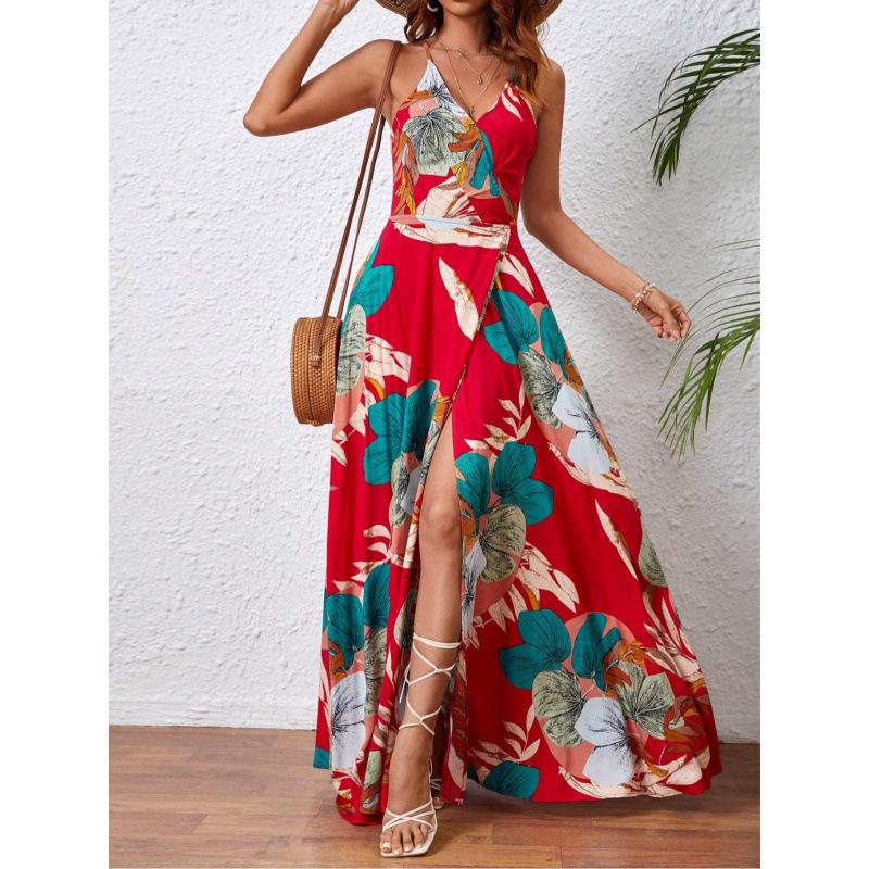 Tropical Print High Slit Strap Dress - European & American Style