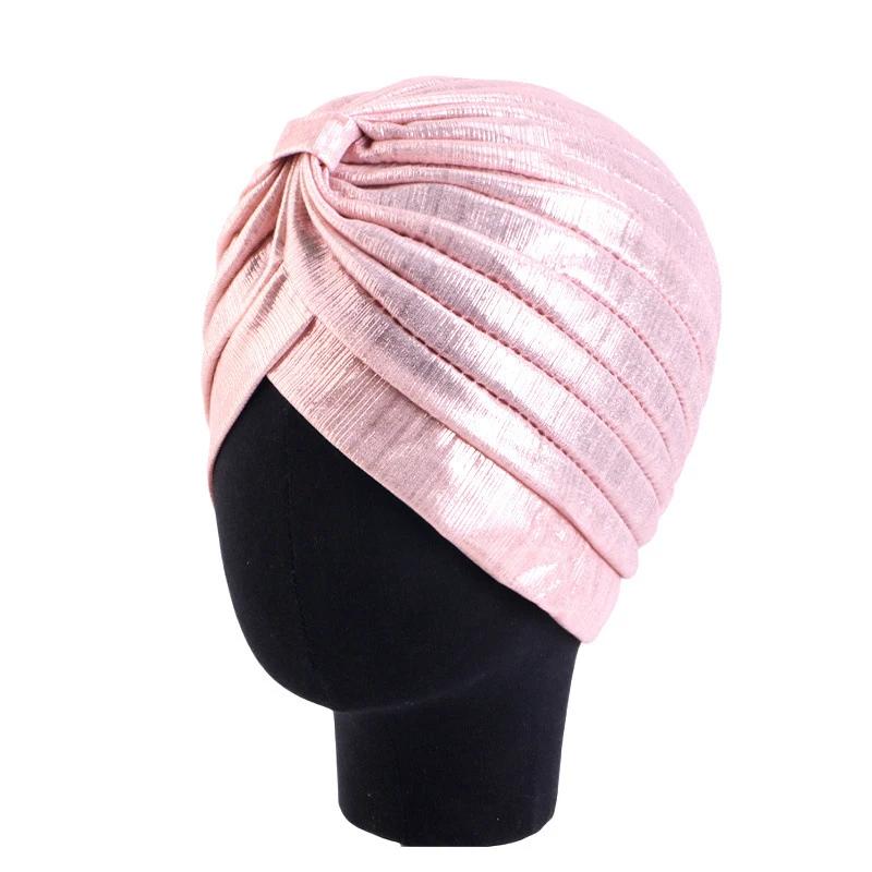 Nové dámské zlaté stříbrné turbanové čepice chemo bandana hidžáb plisovaná indická čepice turbante klobouk dámský šátek na vlasy muslimská pokrývka hlavy