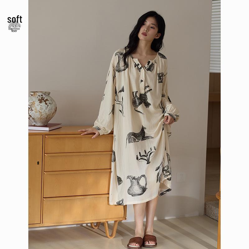 Bamboo Fiber Women's Long Sleeve Wabi-Sabi Nightgown - Mid-Length Autumn Pajamas Dress