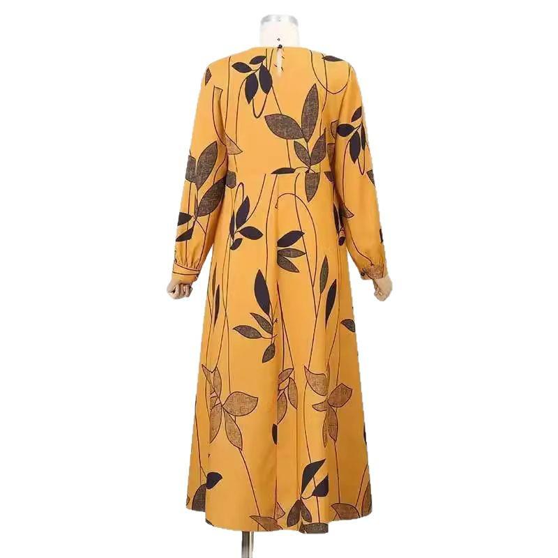 Cross-border 2025 Bohemian Floral Print Muslim Women's Sundress with Long Sleeves and Big Swing