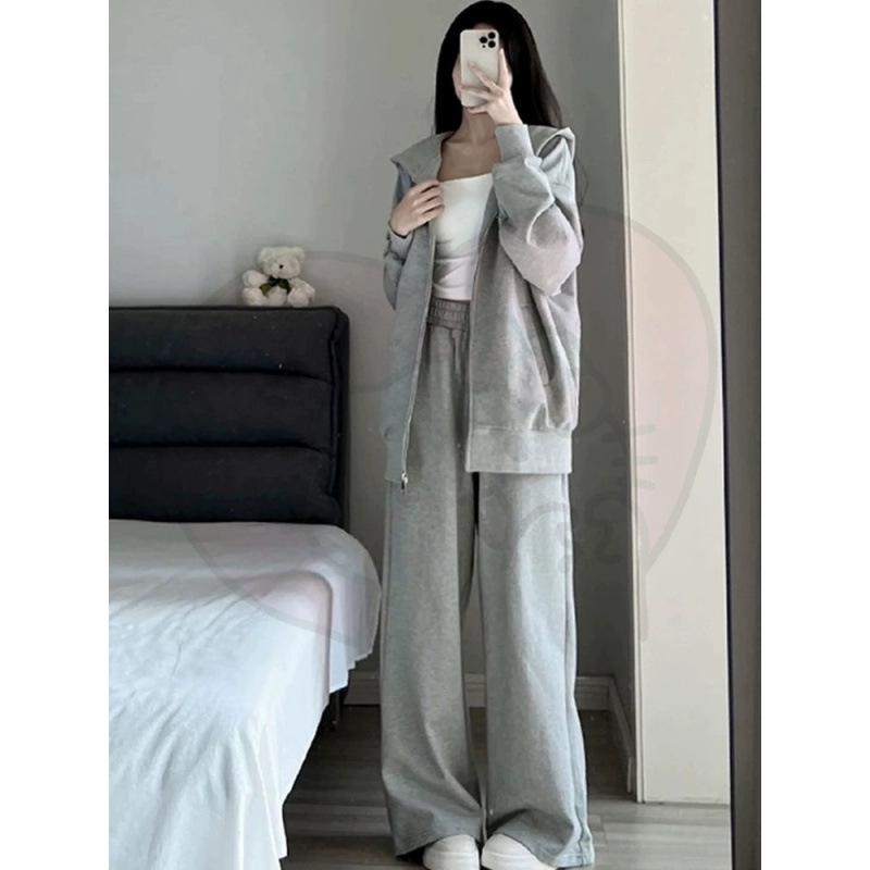 Dámská šedá mikina s kapucí a široké kalhoty - Ležérní podzimní/zimní dvoudílný set s kardiganovou bundou - Trend