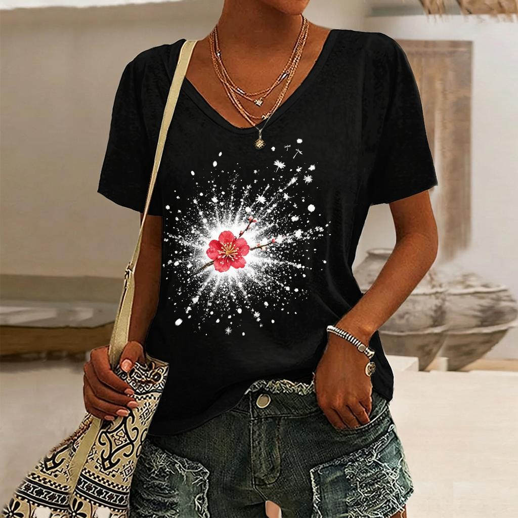 Women's Sunflower Print V-Neck T-Shirt, Casual Short Sleeve Tops,Bright Floral Daily Wear for Spring & Summer
