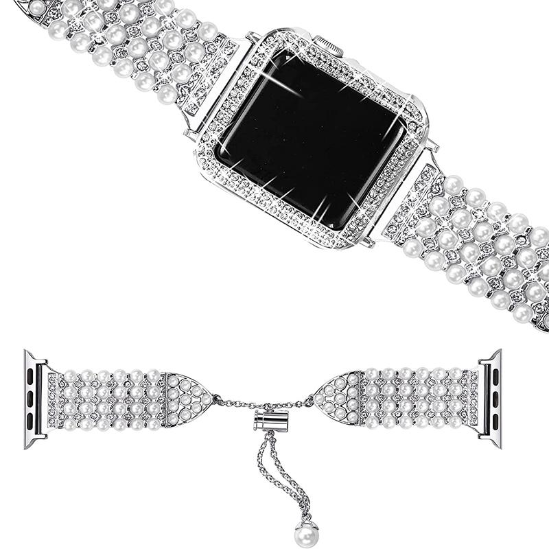 

For Apple Watch Series 7 41mm Metal Watch Band Faux Pearl Replacement Strap+Rhinestone Decor PC Watch Case Cover Silver