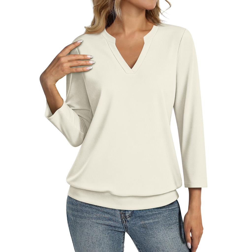Womens Collared V Neck 34 Sleeve Shirts Business Casual Tops Loose Fit Tunic Blouse Work Professional Office Wear M3XL