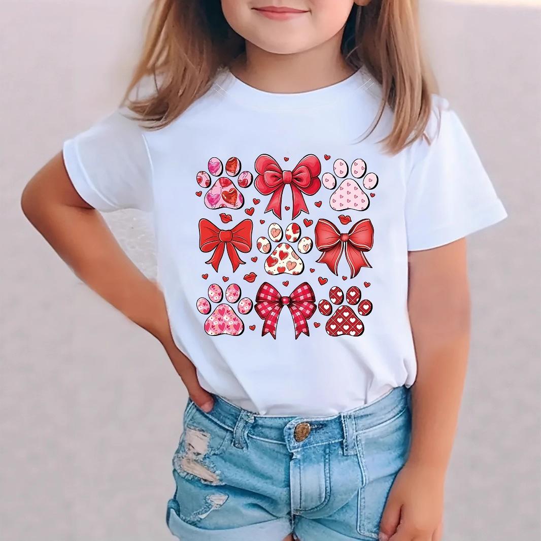 

Girls Casual Bow Tie Footprint Pattern T-shirt - Summer Children s Fashionable Short-sleeved T-shirt 1-2Y белый