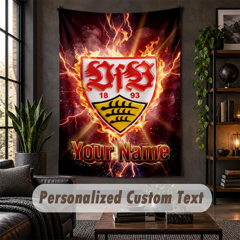 Personalisierte Wandtapisserie, VfB Stuttgart FC Benutzerdefinierter Text, Weiches Stoff-Wandbild für die Innendekoration
