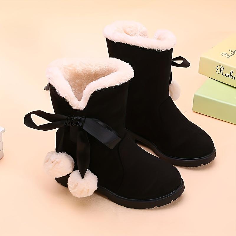 Girls Winter Snow Boots Fleece Lining Round Toe Striped Pattern Zipper Closure Ankle High PVC Sole Fabric Insole Random Style Pink Black Red