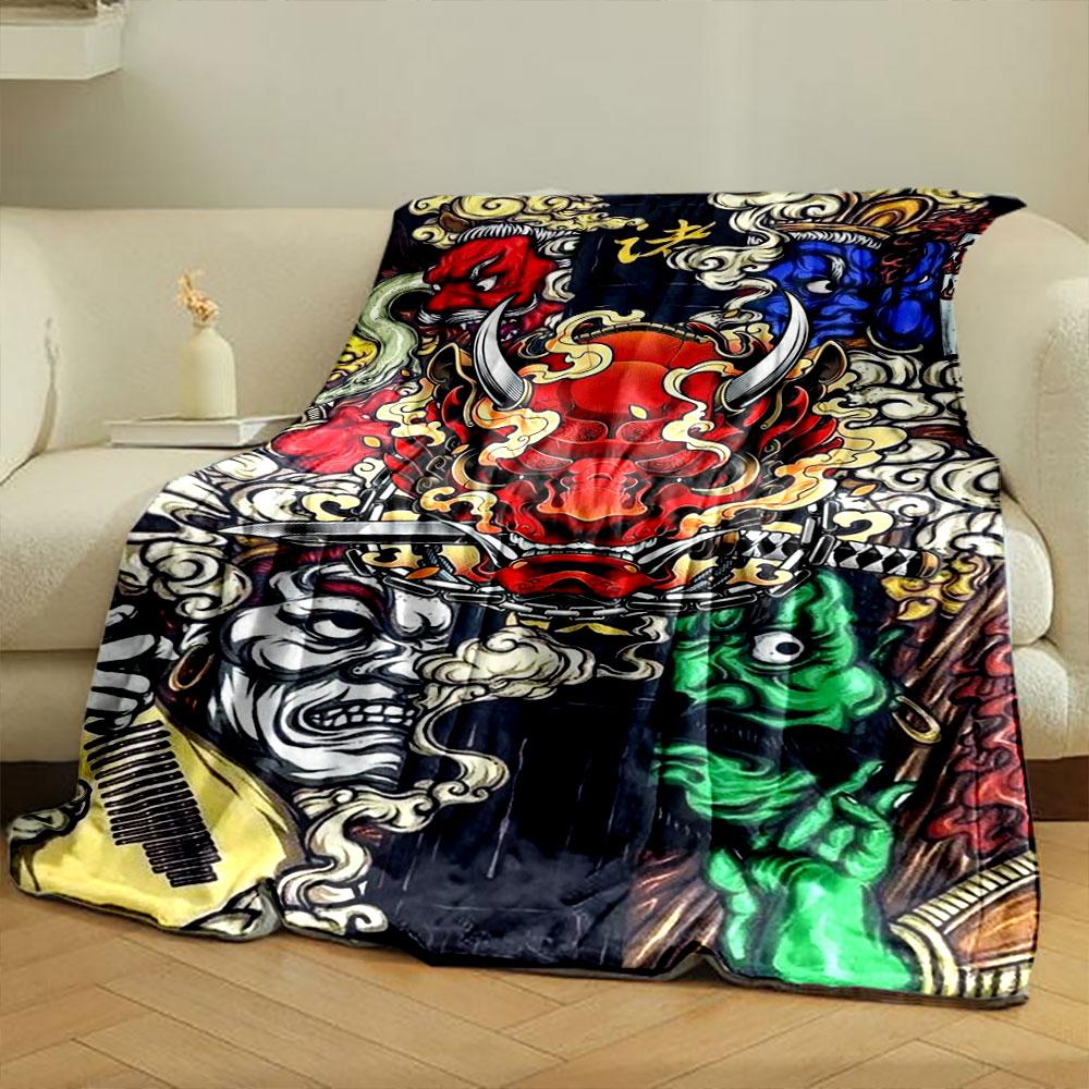 Japanese Style Oni Mask Clouds Blanket Bedroom Blanket for Livingroom Couch Lunch Break Soft Throw for Friend's Festival Gift