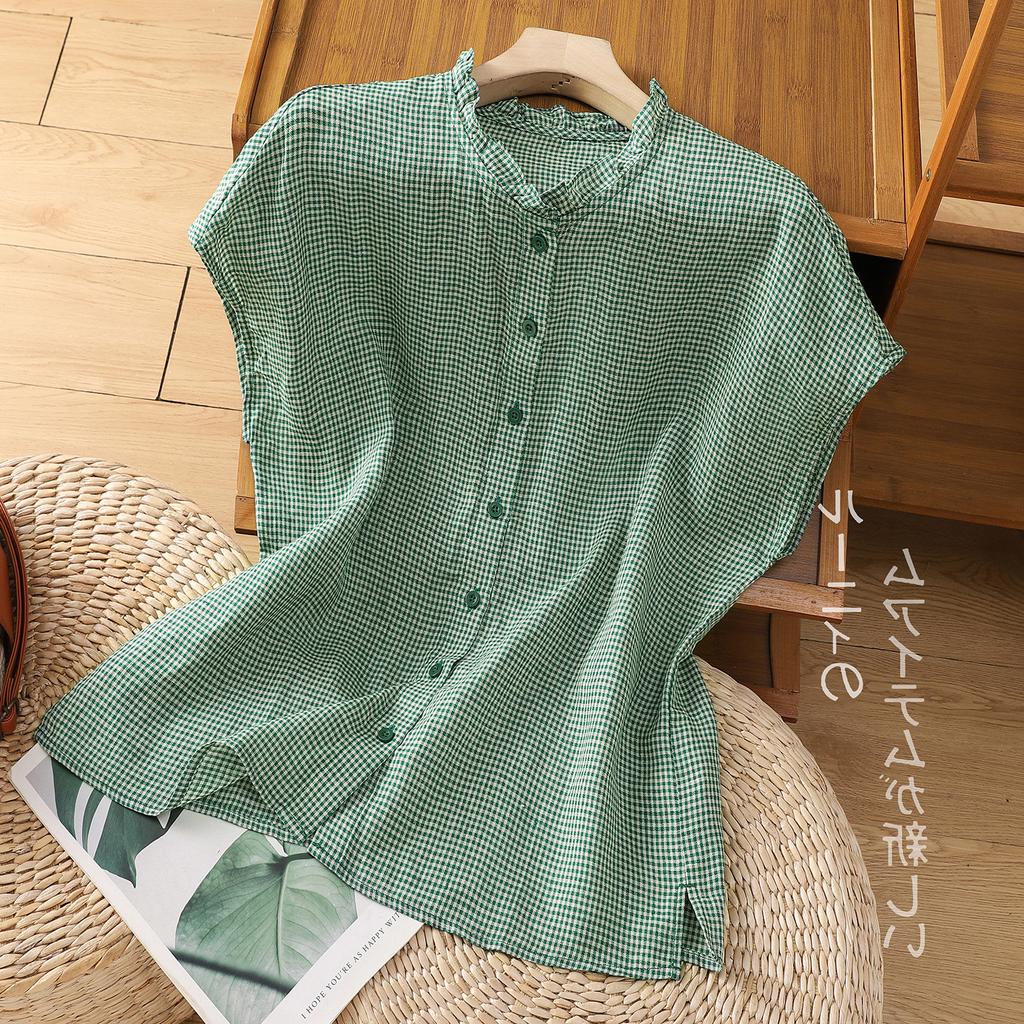 Cotton and linen lace collar short-sleeved cardigan top women's 2025 summer new refreshing and breathable single-breasted plaid shirt