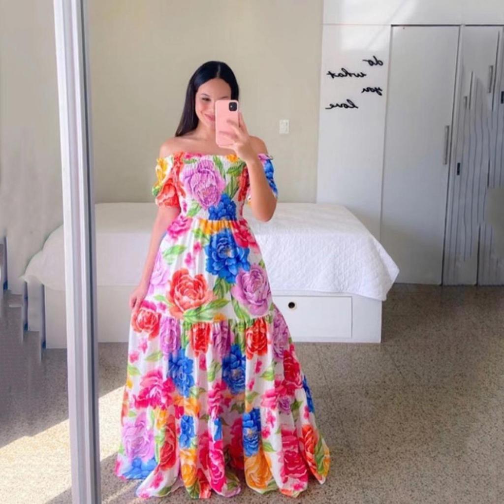 One Shoulder Printed Dress Elegant Sleeveless High Waist Dresses Causal Women Off Shoulder Dress