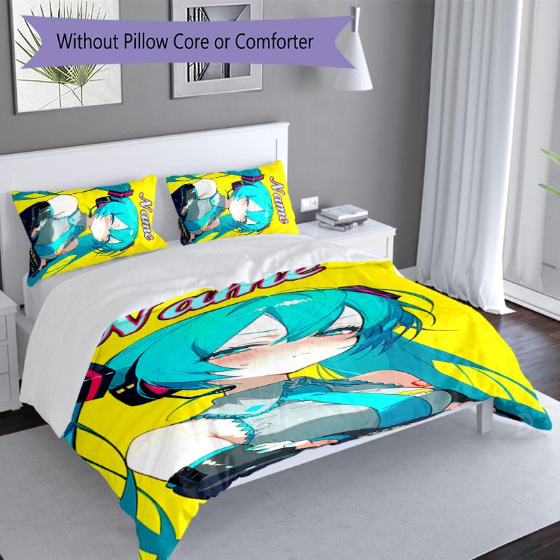 3pcs Custom Name Hatsune Miku Set,Includes 1 Duvet Cover and 2 Pillowcases,All-season Bedroom Decor