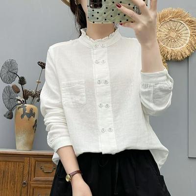 Cămașă de damă din tifon de bumbac cu strat dublu, cu guler din dantelă și design cu guler înalt și nasturi dubli - Mânecă lungă, croială largă, stil japonez versatil.