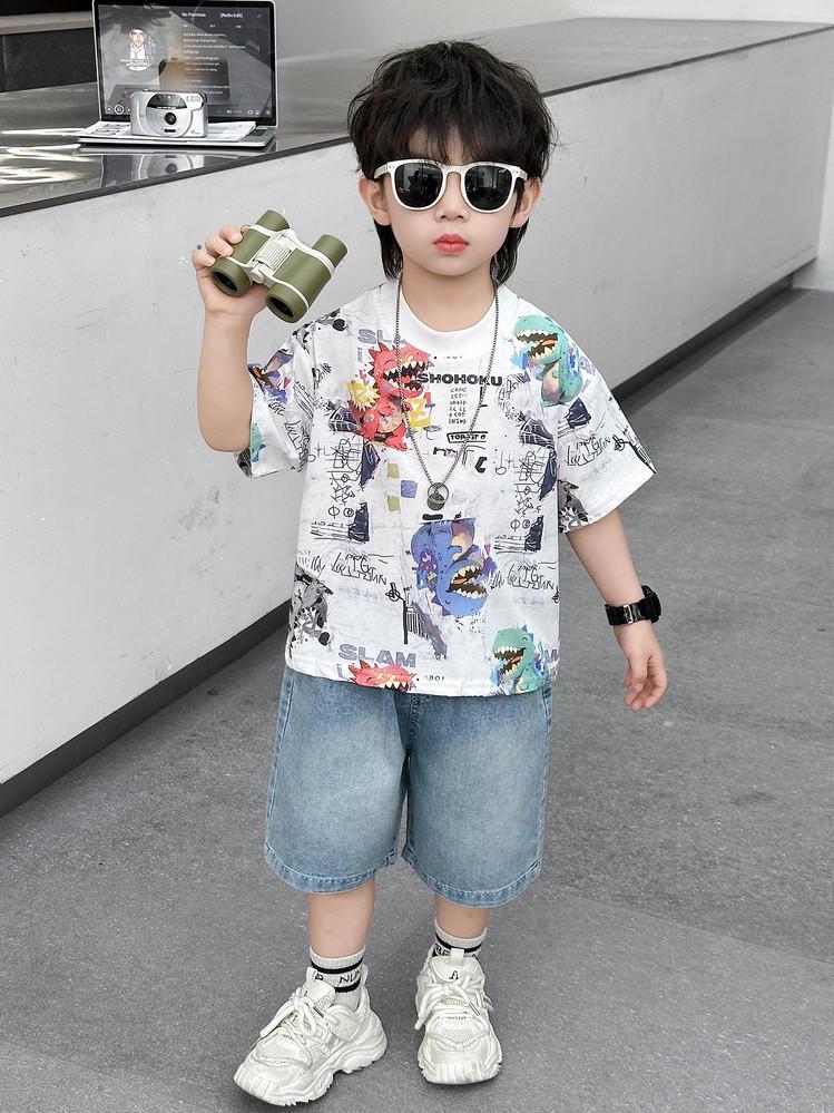 2026 Boys' Korean Style Summer Set: Colorful Dinosaur Print Tee & Denim Shorts