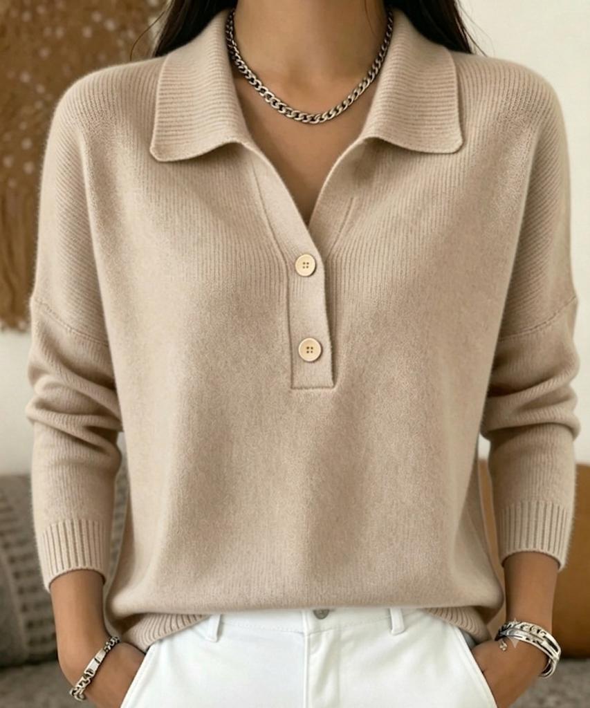 Damski sweter z dzianiny z kołnierzykiem polo, z długim rękawem, zapinany na guziki, gładki, casualowy, wciągany