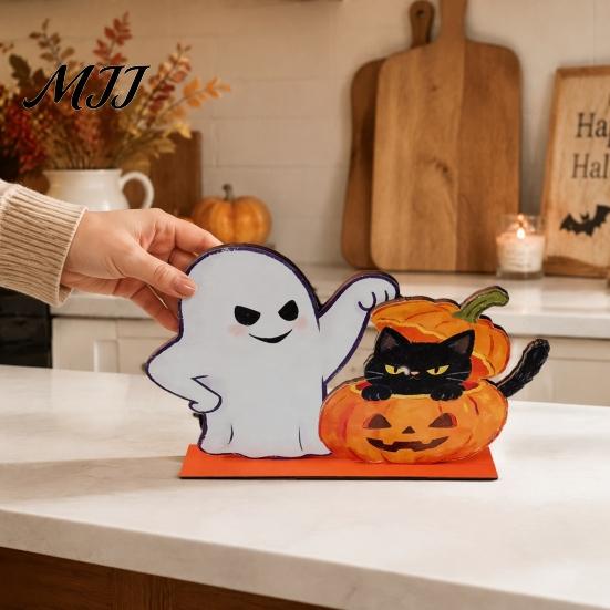 Halloween Wooden Table Decorations Ghost And Pumpkin Black Cat Ornaments, Retro Solid Wood Seasonal Accents Cartoon Tabletop Centerpiece for