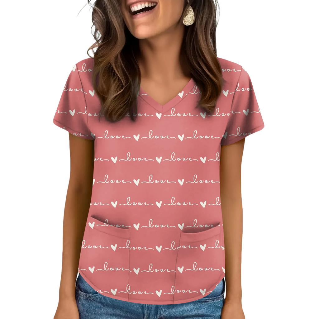 Women's V-neck Valentine's Day Printed Short-sleeved Top With Pockets And Side Slits, Suitable For Caregivers.