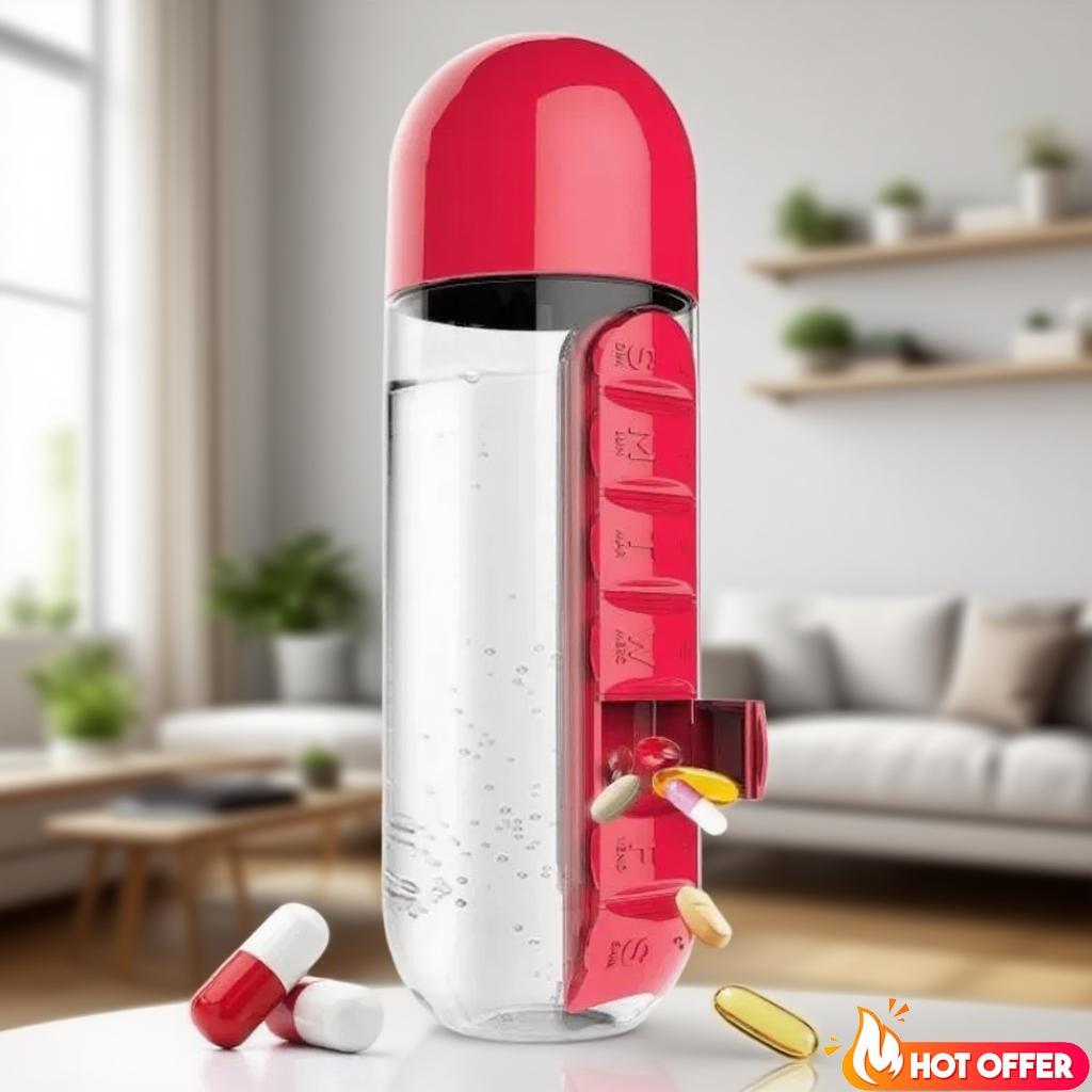 Multifunkční Vysoce Kvalitní 600ML Polykarbonátová Láhev na Vodu s Dávkovačem na Léky, Organizér na Léky, Nádoba na Pití, Bez BPA