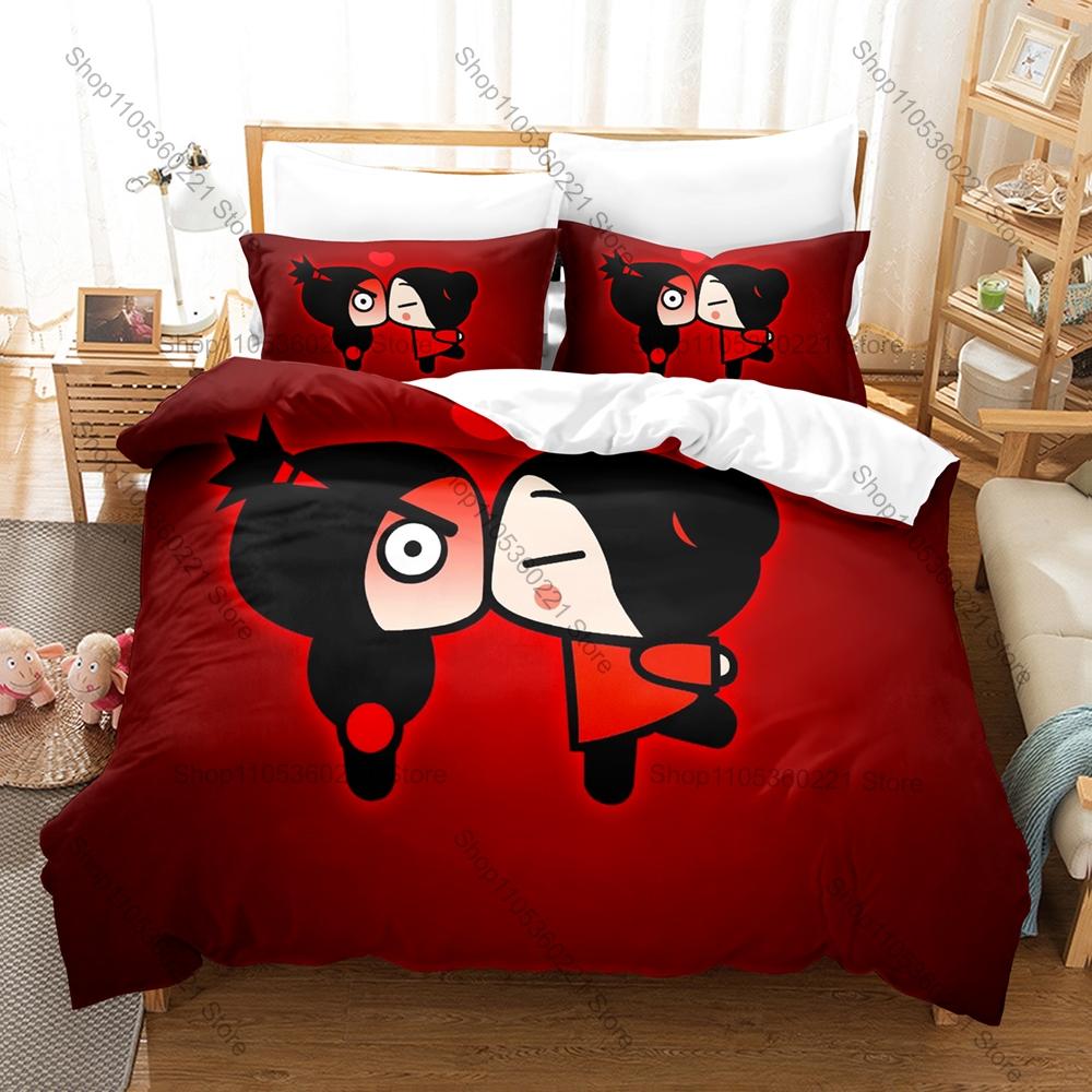 Kawaii Pucca Character Print Duvet Cover + 2 Pillowcases, Cozy Microfiber Bedding Set Perfect as Surprise Gift Anime Enthusiasts