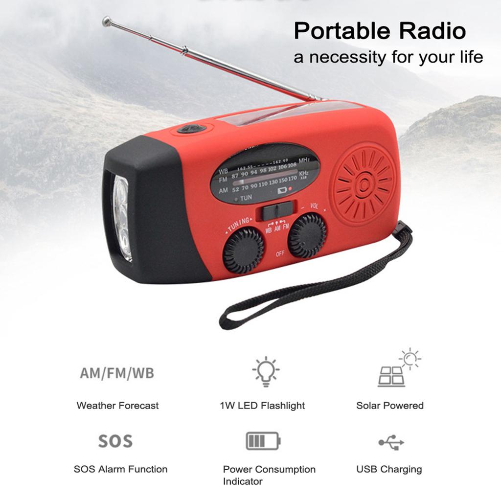 Portable Radio with AM FM Flashlight Reading Lamp NOAA Weather Mobile Power Source for Emergency Solar Powered Crank